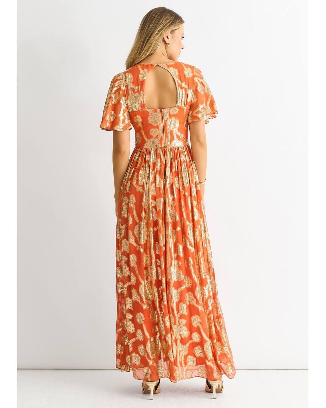 Gini London Orange Metallic Jacquard Flutter Sleeves Maxi Dress