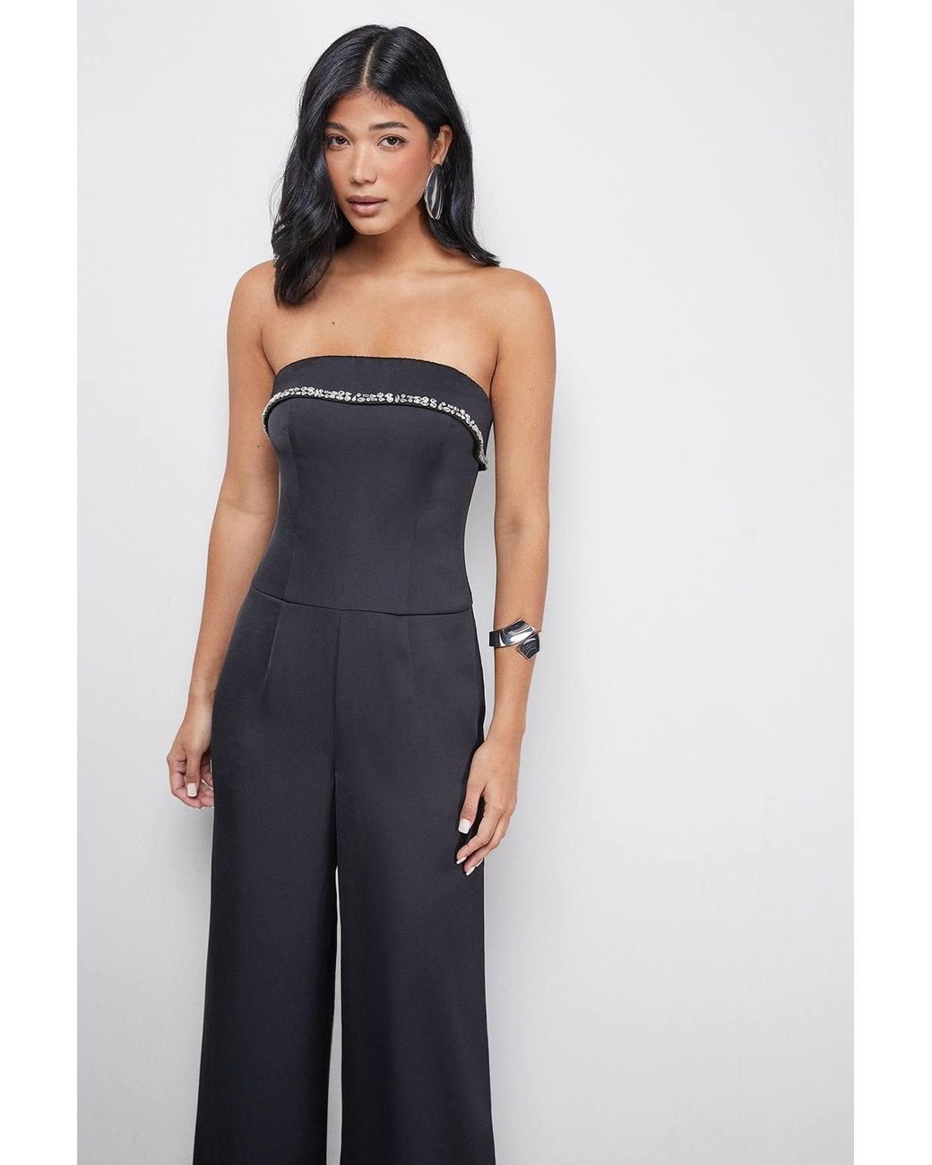 Warehouse Blue Gem Embellished Satin Bandeau Jumpsuit