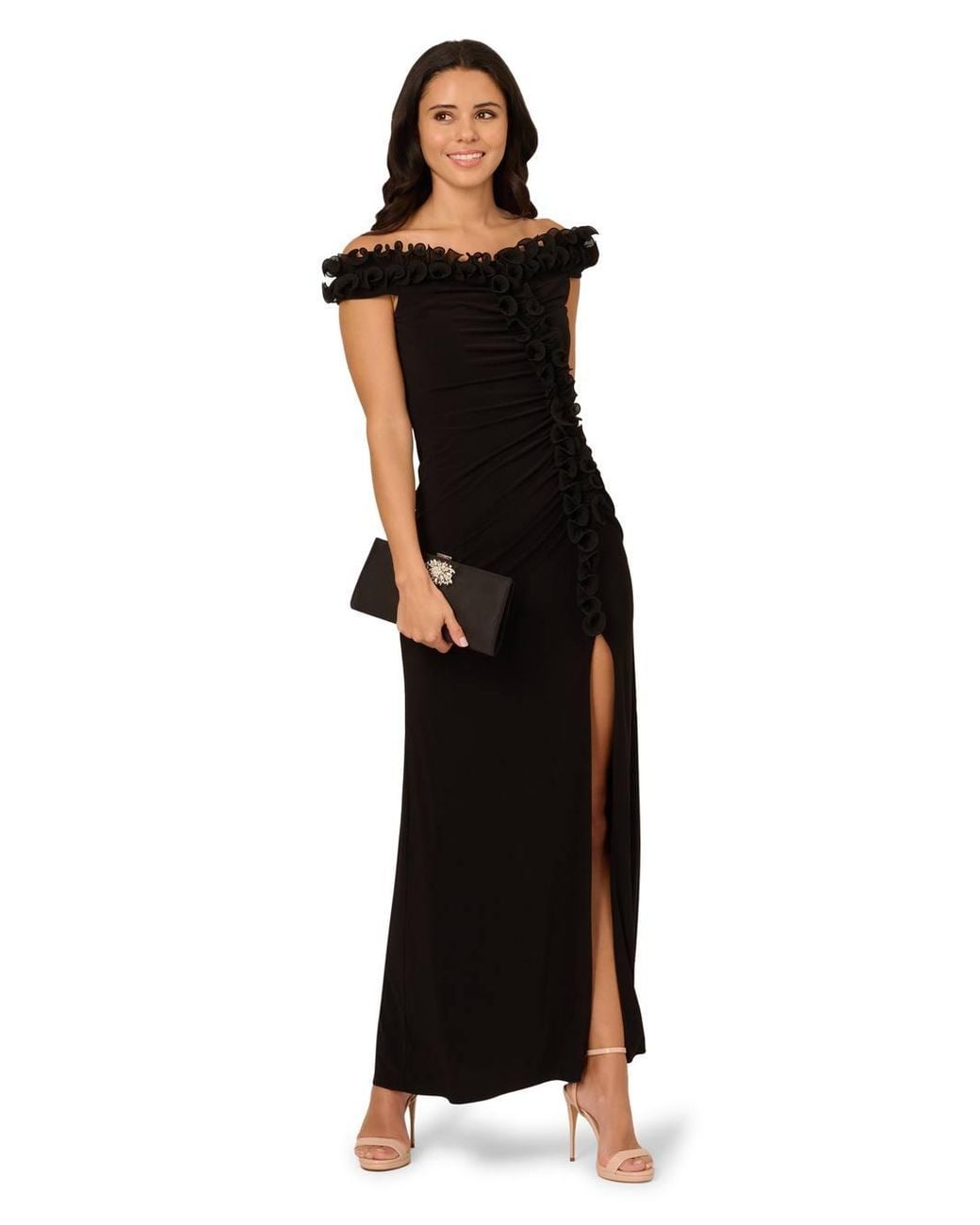 Adrianna Papell Black Jersey Ruffle Trim Gown Dress