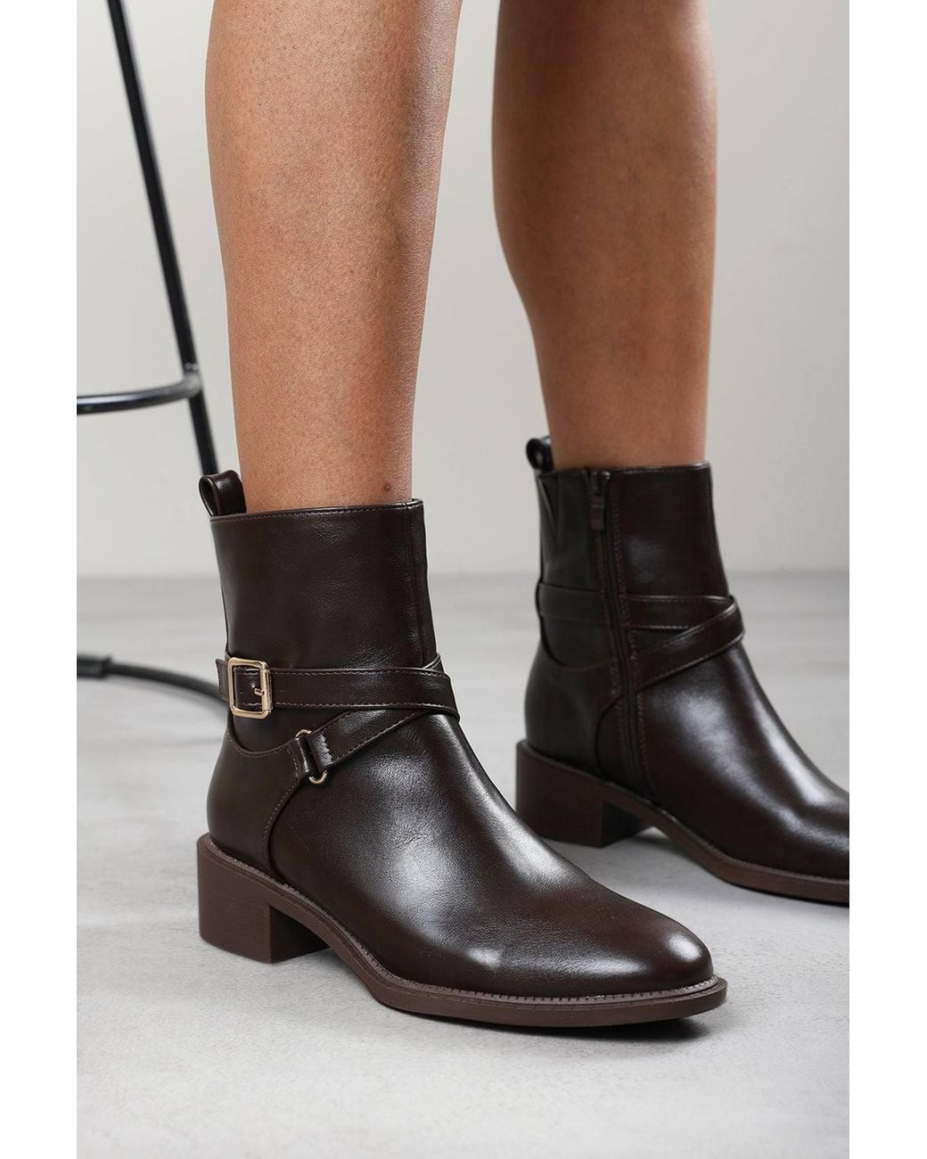 Where's That From Black Elvara Low Block Heel Ankle Boot W/ Strap Detail