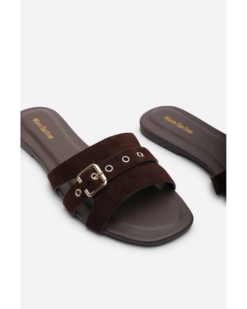 Where's That From Brown 'Alvita' Buckle Slide On Flat Suede Sandal