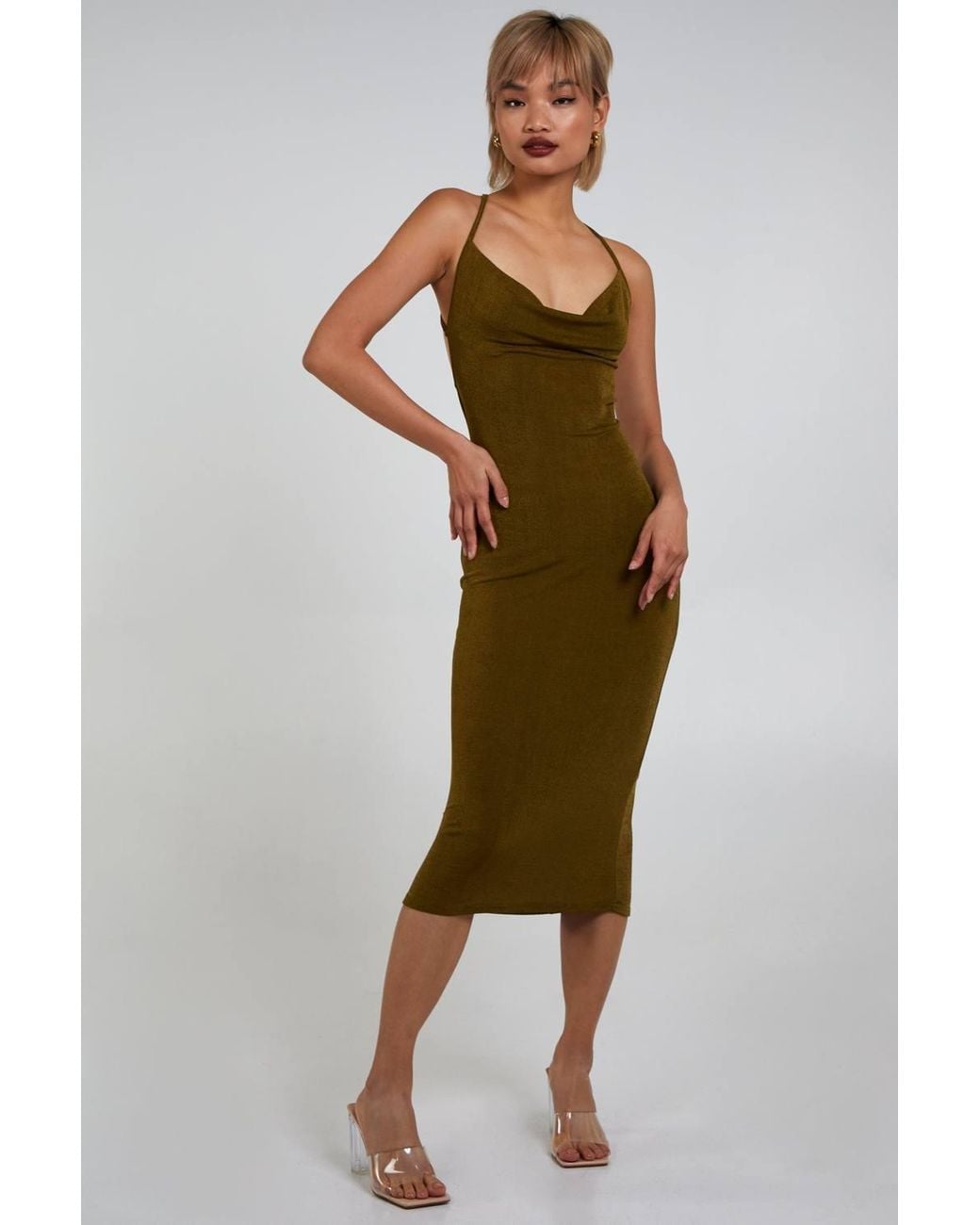 Pink Vanilla Green Slinky Cowl Neck Midi Dress