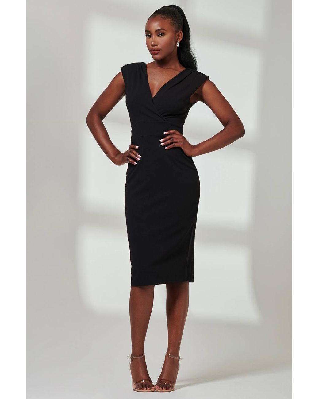 Jolie Moi Black Yiskah Wrap Bodice Pencil Dress
