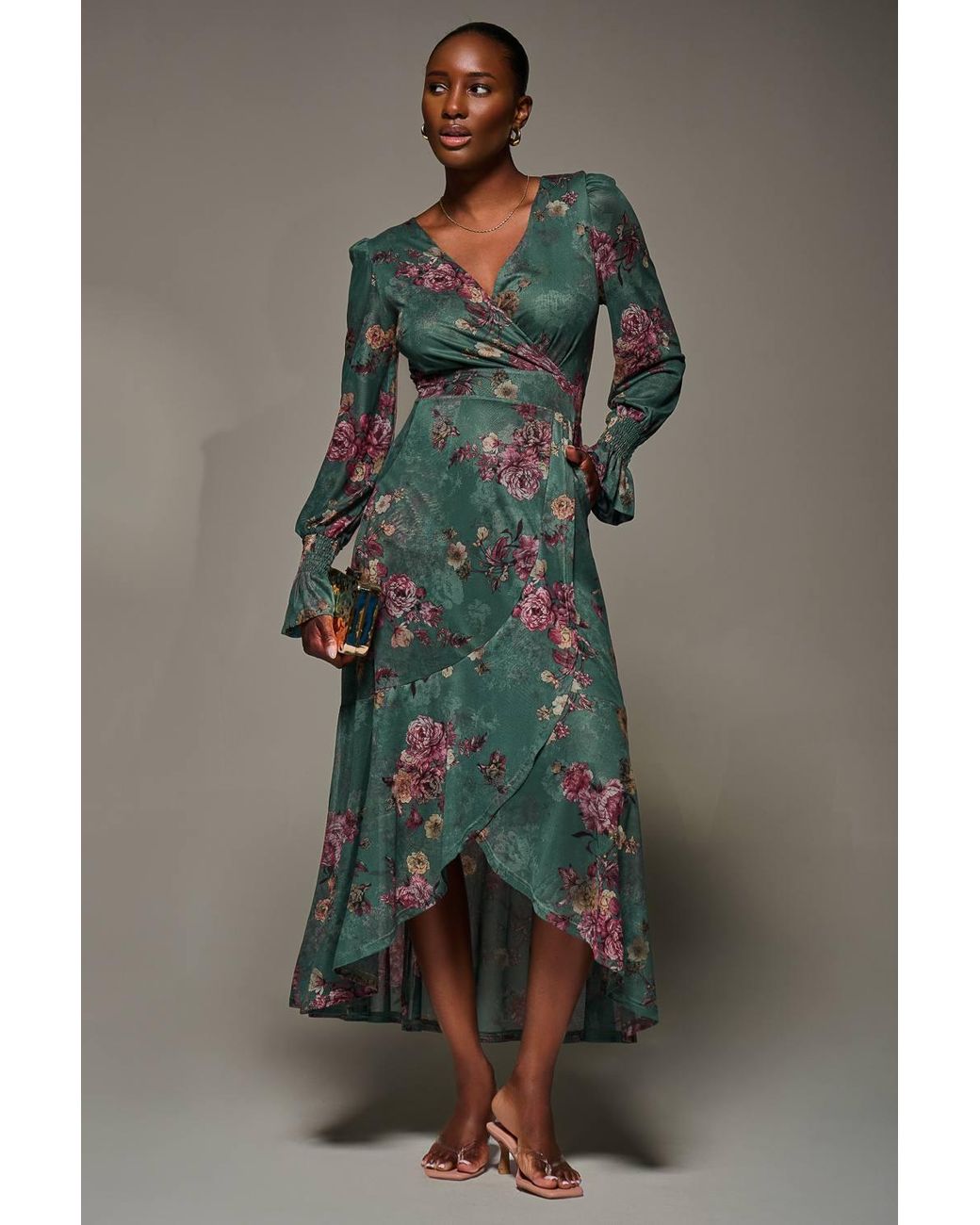 Jolie Moi Green Long Sleeve Frill Hem Mesh Maxi Dress