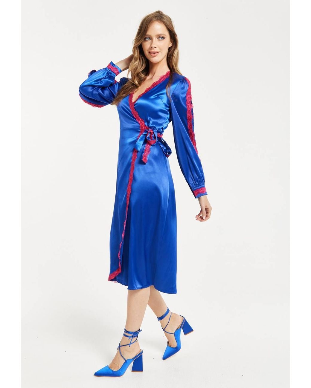 Liquorish Blue Royal Satin Midi Wrap Dress