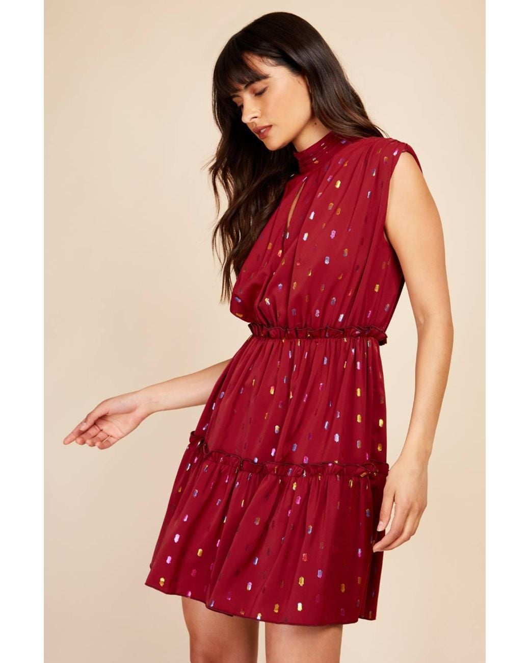 Little Mistress Berry Foil Tiered Mini Dress
