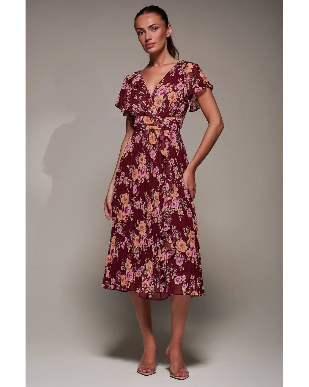 Jolie Moi Red Printed Ruffle Detail Pleated Chiffon Midi Dress