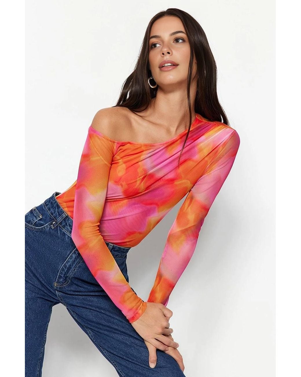 WOVCOR Red Abstract Mesh Asymmetric Long Sleeve Bodysuit