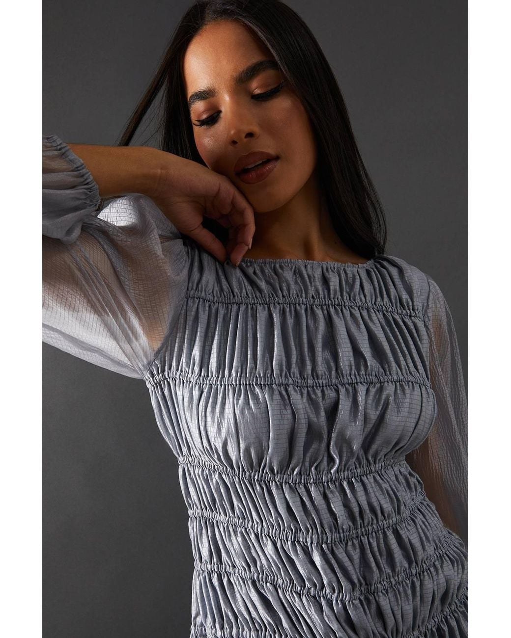 Warehouse Gray Shirred Chiffon Panel Bodice Midi Dress