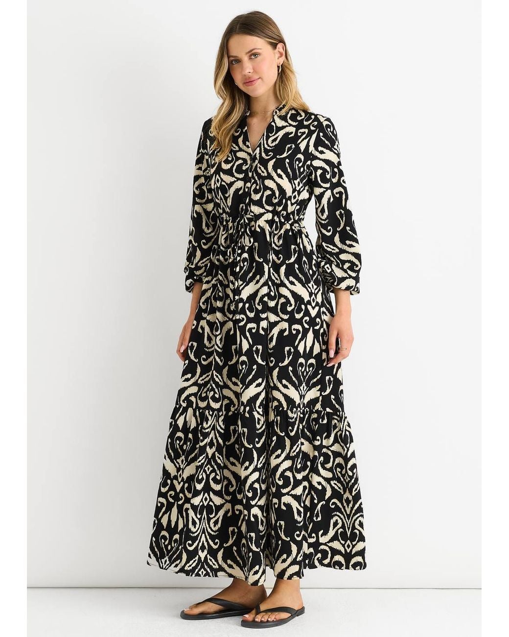 Gini London White Ikat Print Tie Waist Maxi Dress