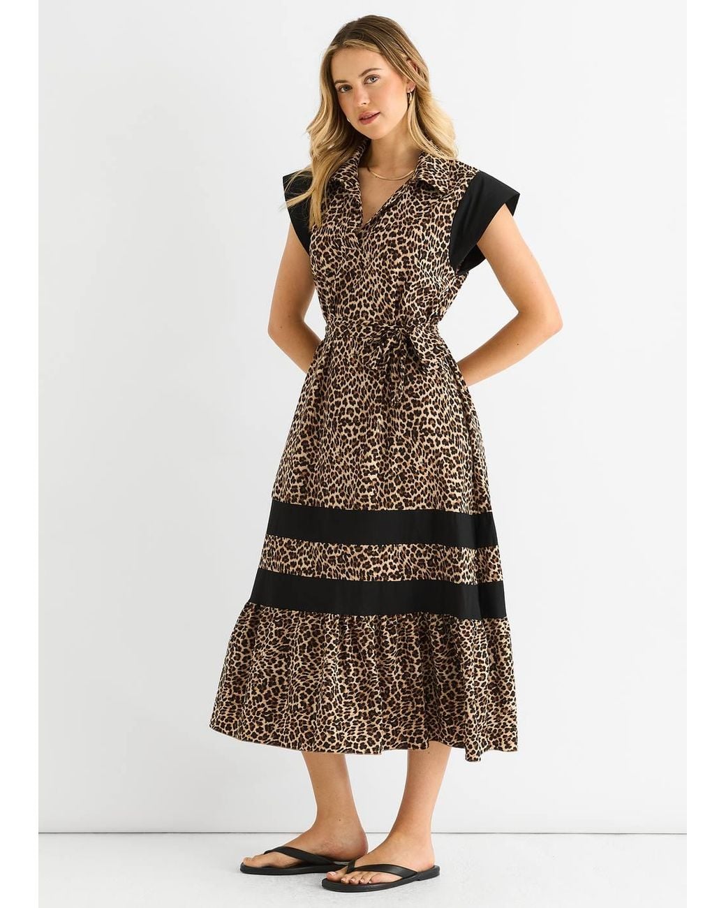 Gini London Brown Animal Contrast Panel Smock Midi Dress