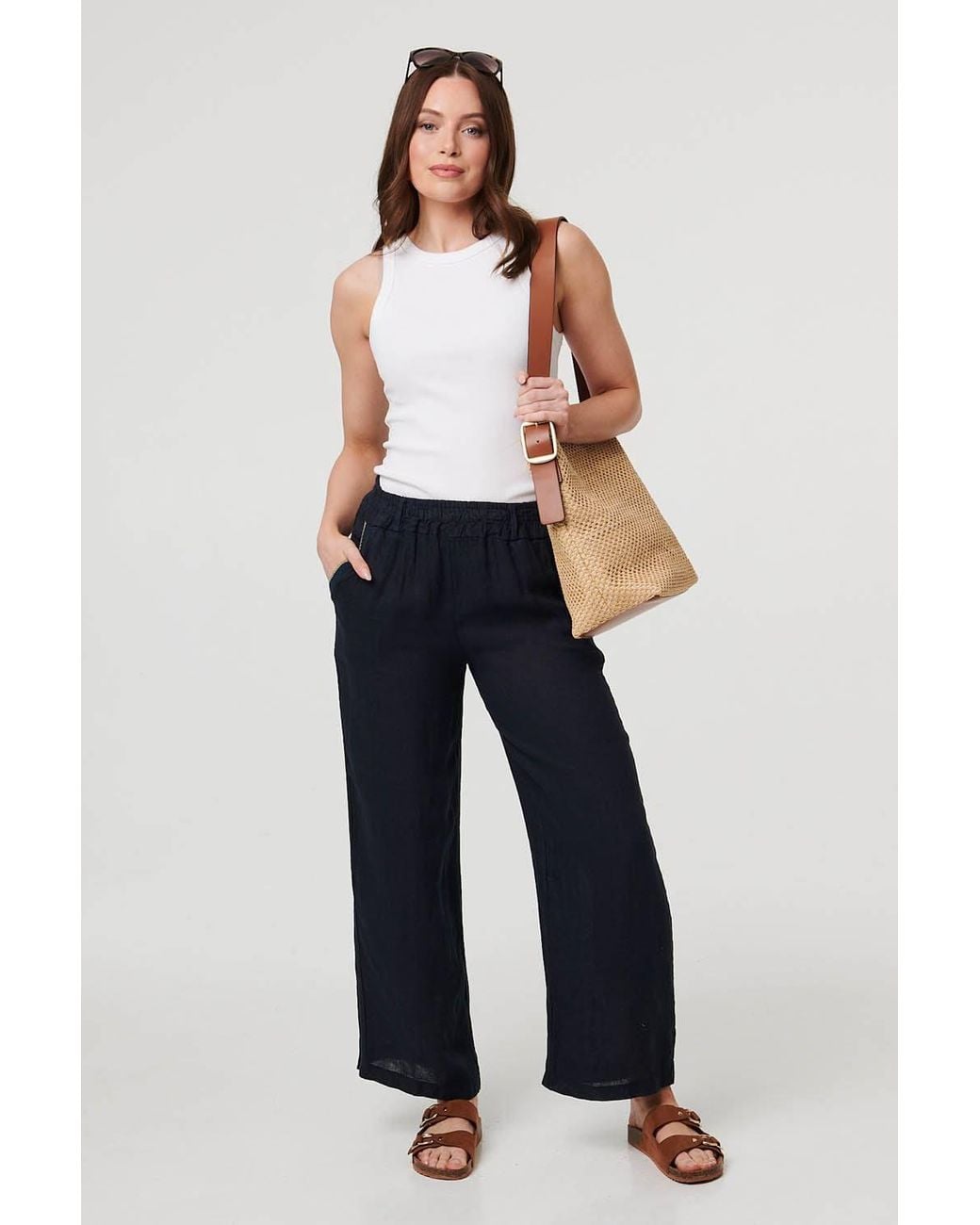 Izabel London Blue High Waist Wide Ankle Length Trousers