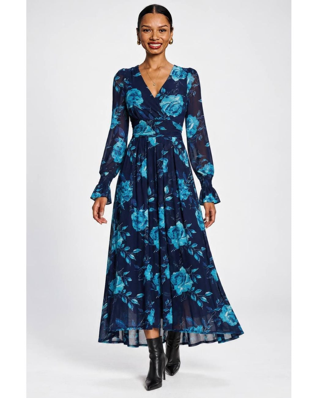 Jolie Moi Blue Long Sleeve V Neck Mesh Maxi Dress