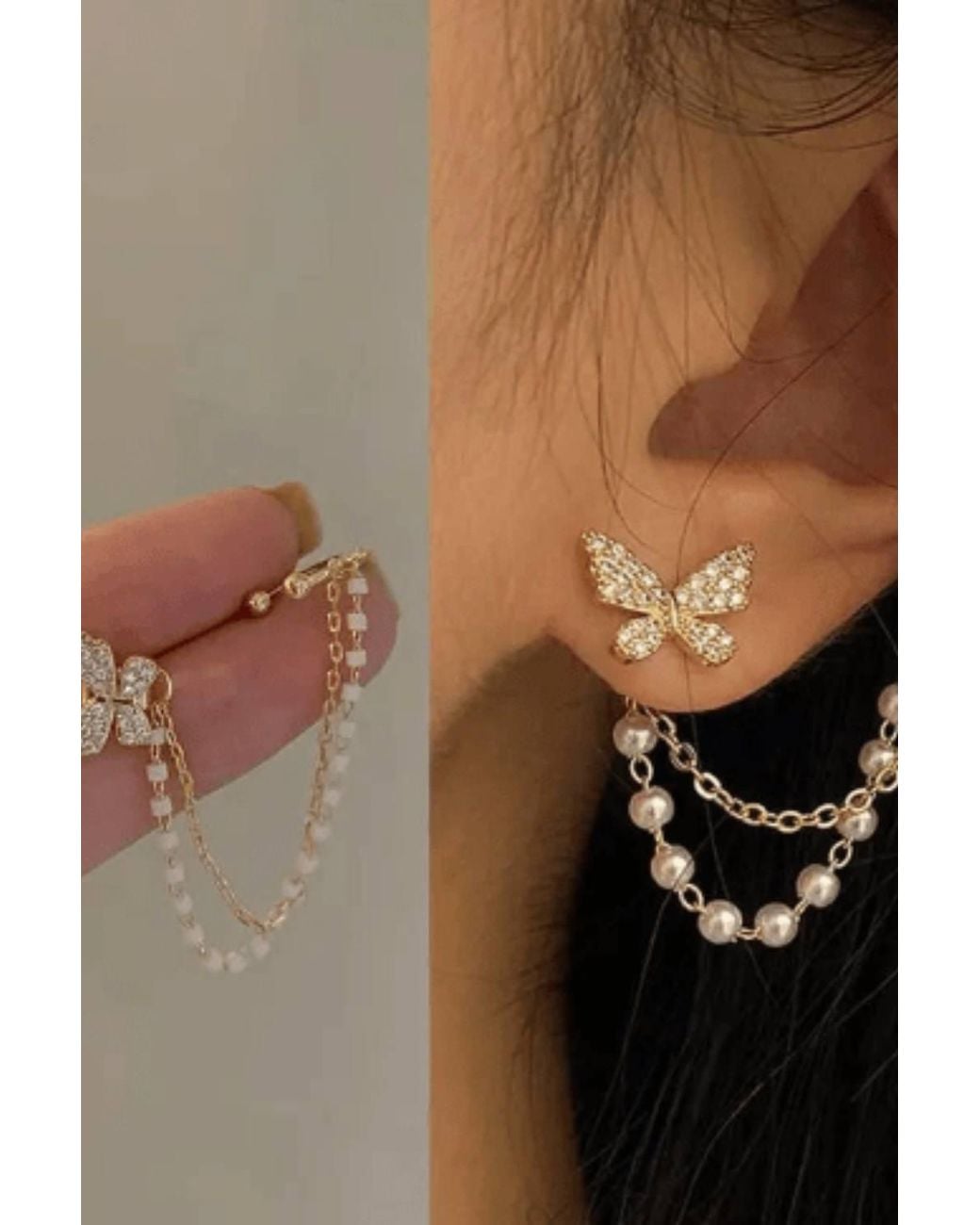 The Colourful Aura Brown Long Butterfly Tassel Pearl Ear Cuffs Cha