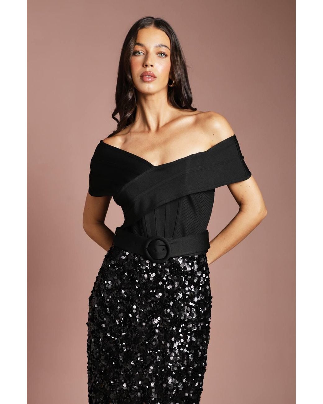 Coast Black Bardot Bandage Bodice Sequin Skirt Maxi Dress
