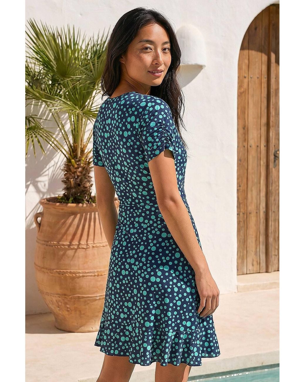 Roman Blue Petite Polka Dot Frill Hem Dress