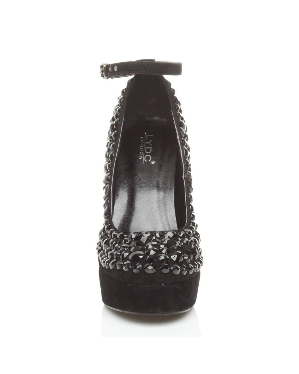 AJVANI Black High Heel Ankle Strap Gem Court Shoes