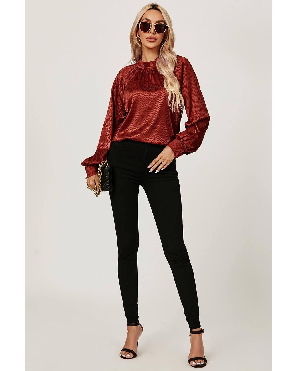 FS Collection Red High Neck Back Cut Detail Satin Blouse Top