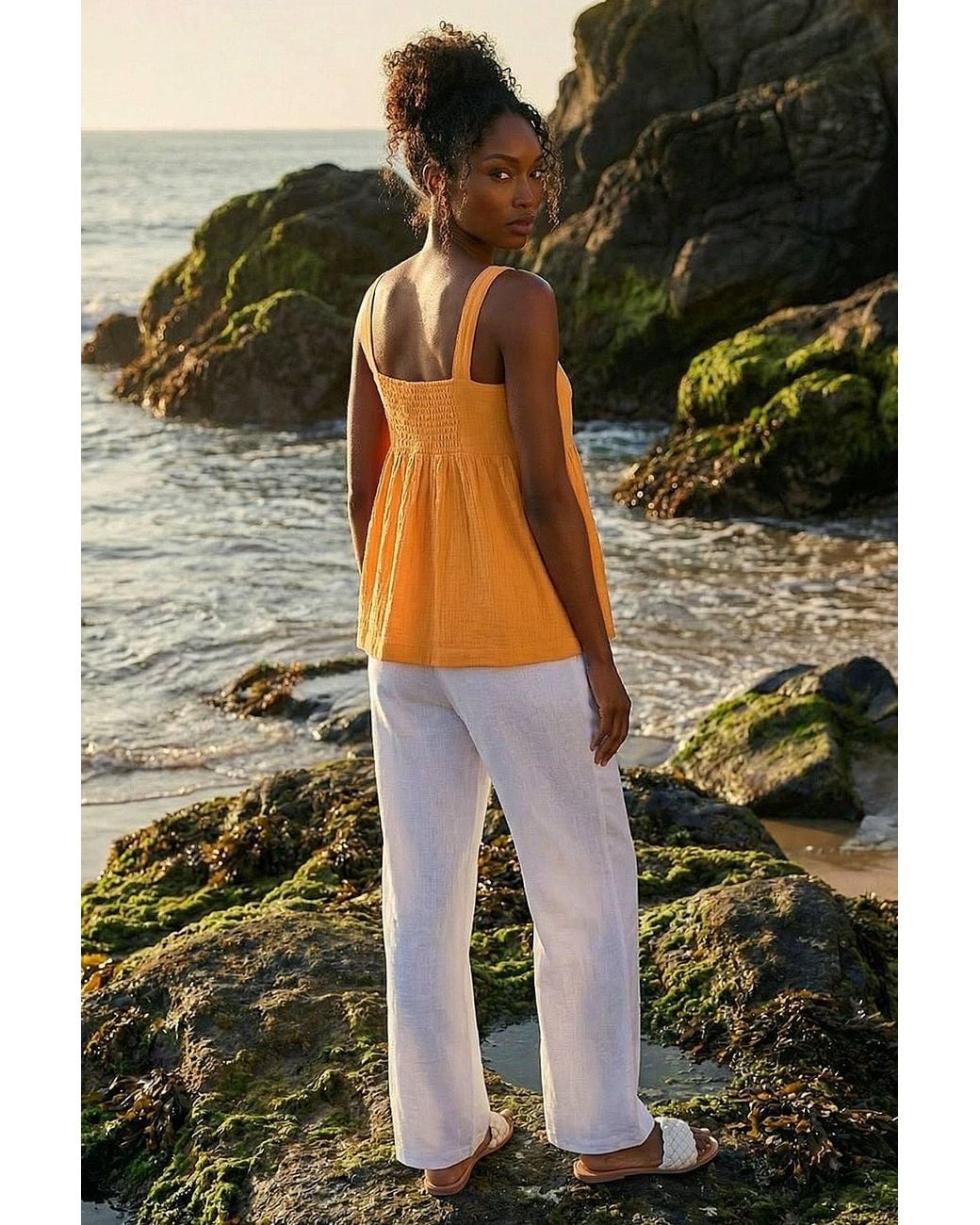 Roman Orange Cotton Button Through Shirred Vest Top