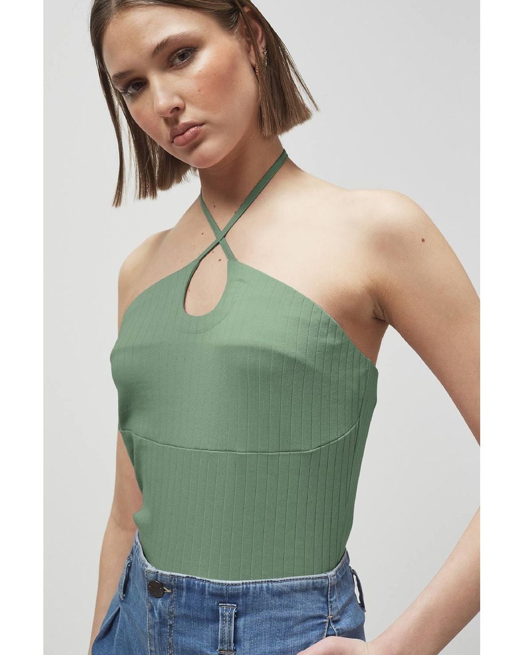 Enorsia Green Halter Neck Ribbed Cami Vest Top
