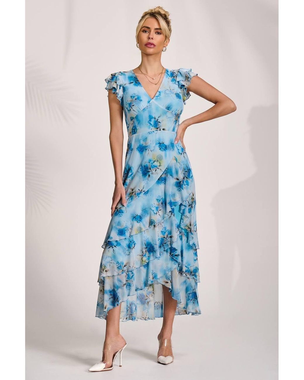 Jolie Moi Blue Mesh Ruffle Detail Maxi Dress