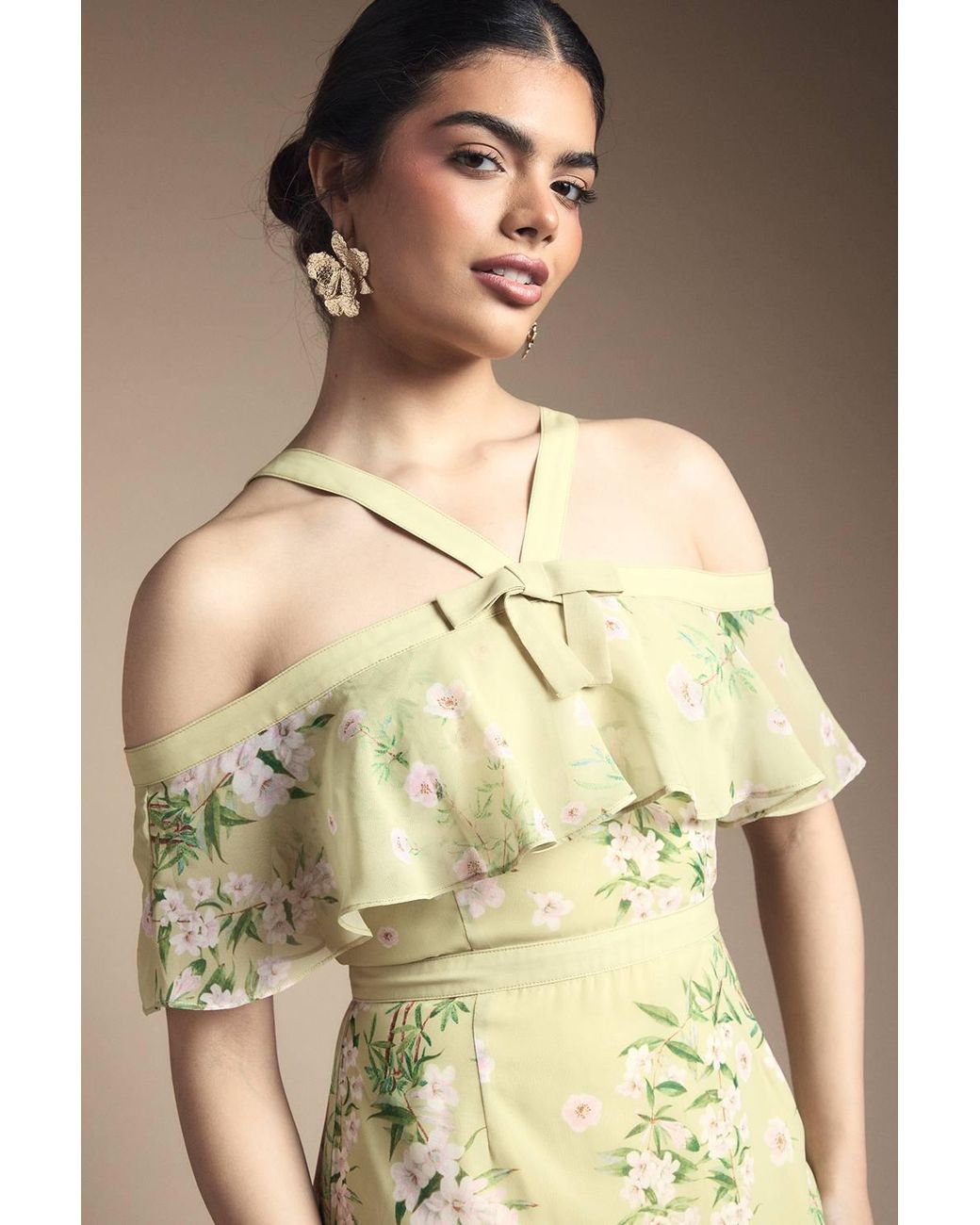 Oasis Natural Bow Detail Halter Neck Bardot Dress