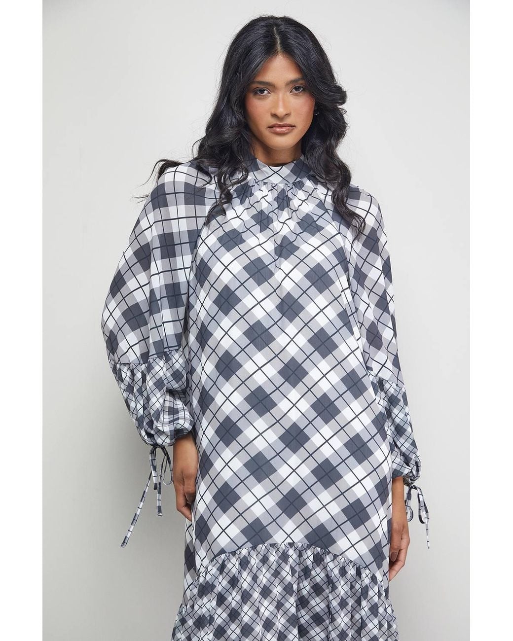 Warehouse Blue Tony Chiffon High Neck Tier Smock Midi Dress