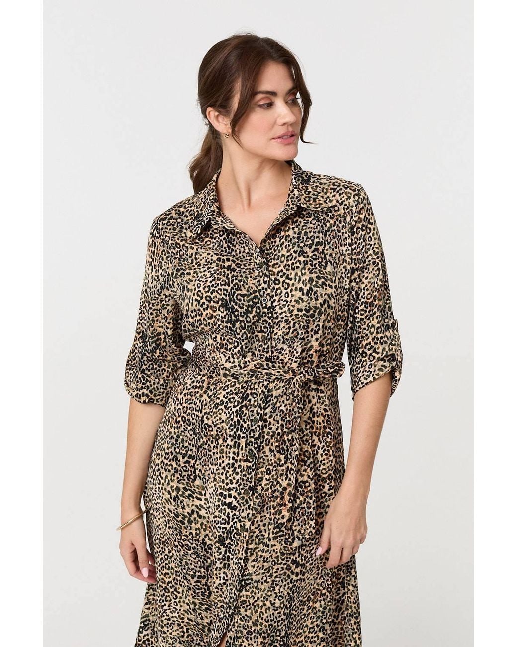 Izabel London Green Animal Print Tie Waist Midi Shirt Dress