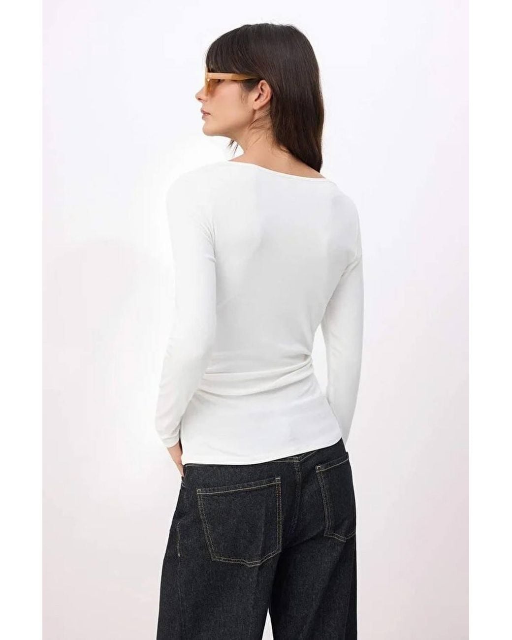 WOVCOR White Lace Detail Draped Long Sleeve Stretch Knit Top