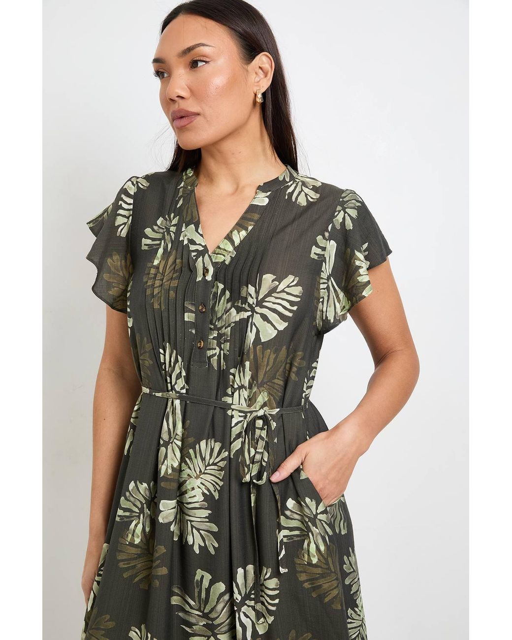 Wallis Green Palm Print Pintuck Maxi Dress