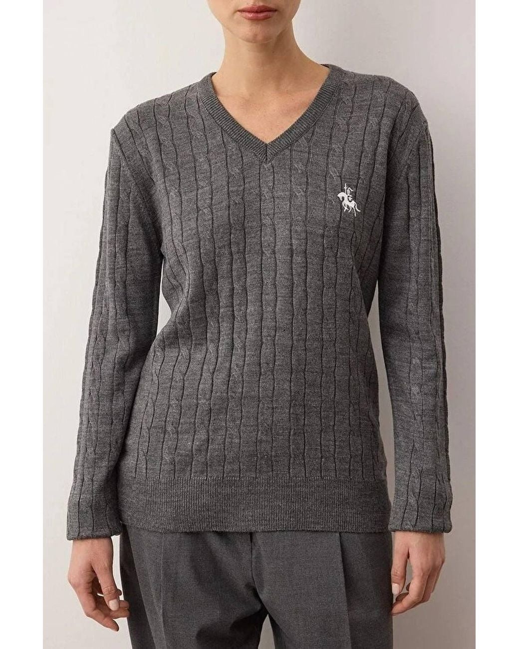 WOVCOR Gray Embroidered Motif V-Neck Cable Knit Jumper
