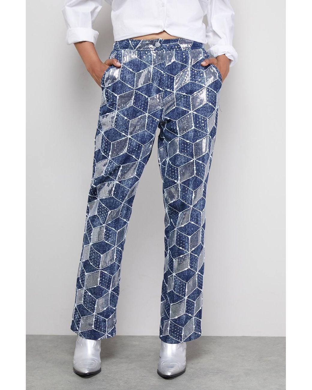 Warehouse Blue Patterned Sequin Jean