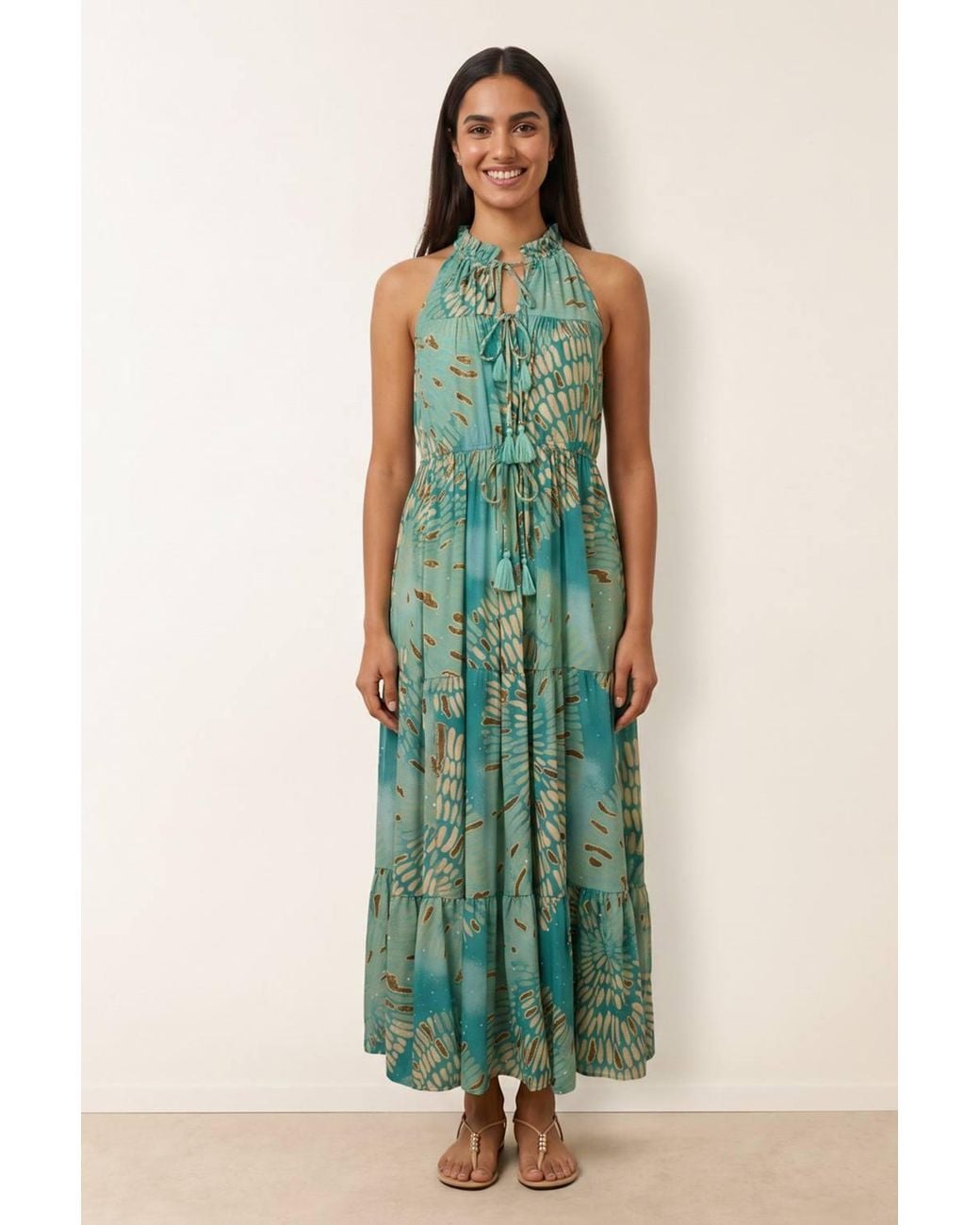 Blue Vanilla Green Sleeveless Turtleneck Maxi Dress