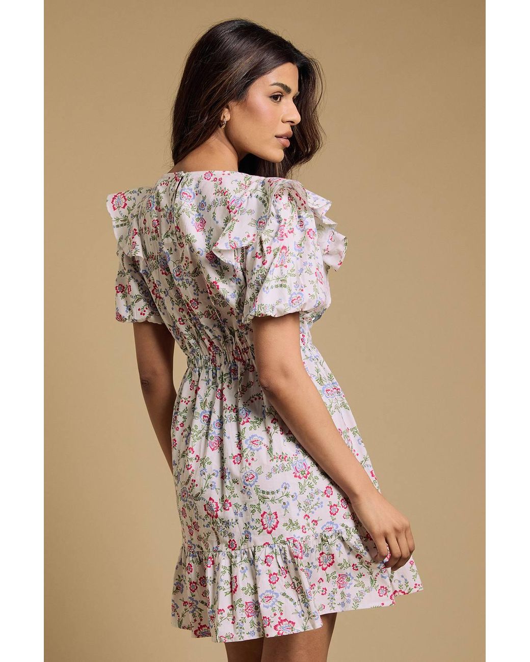 Dorothy Perkins Natural Petite Ruffle Shoulder Puff Sleeve Poplin Mini Dress