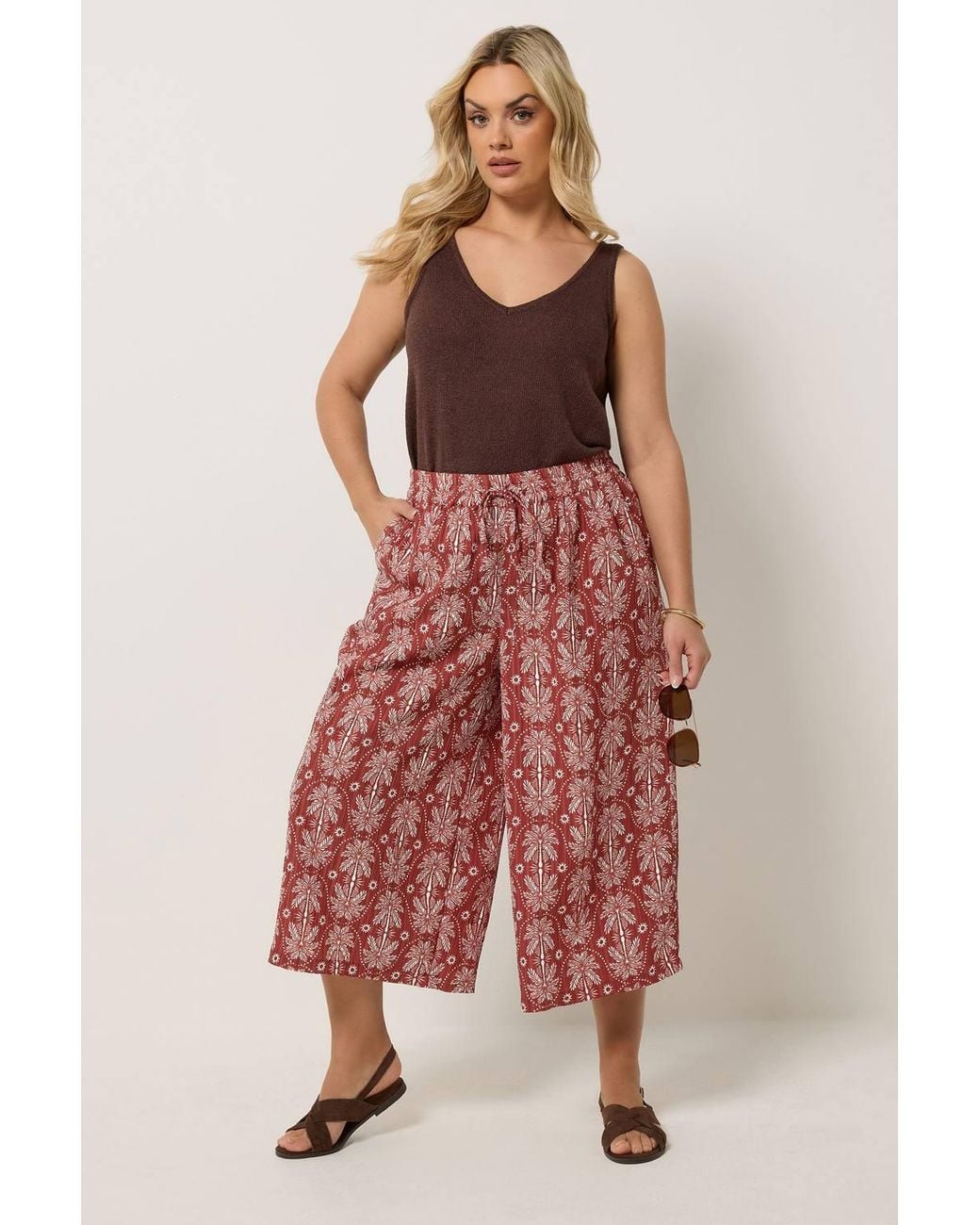 Yours Red Palm Tree Cropped Trousers