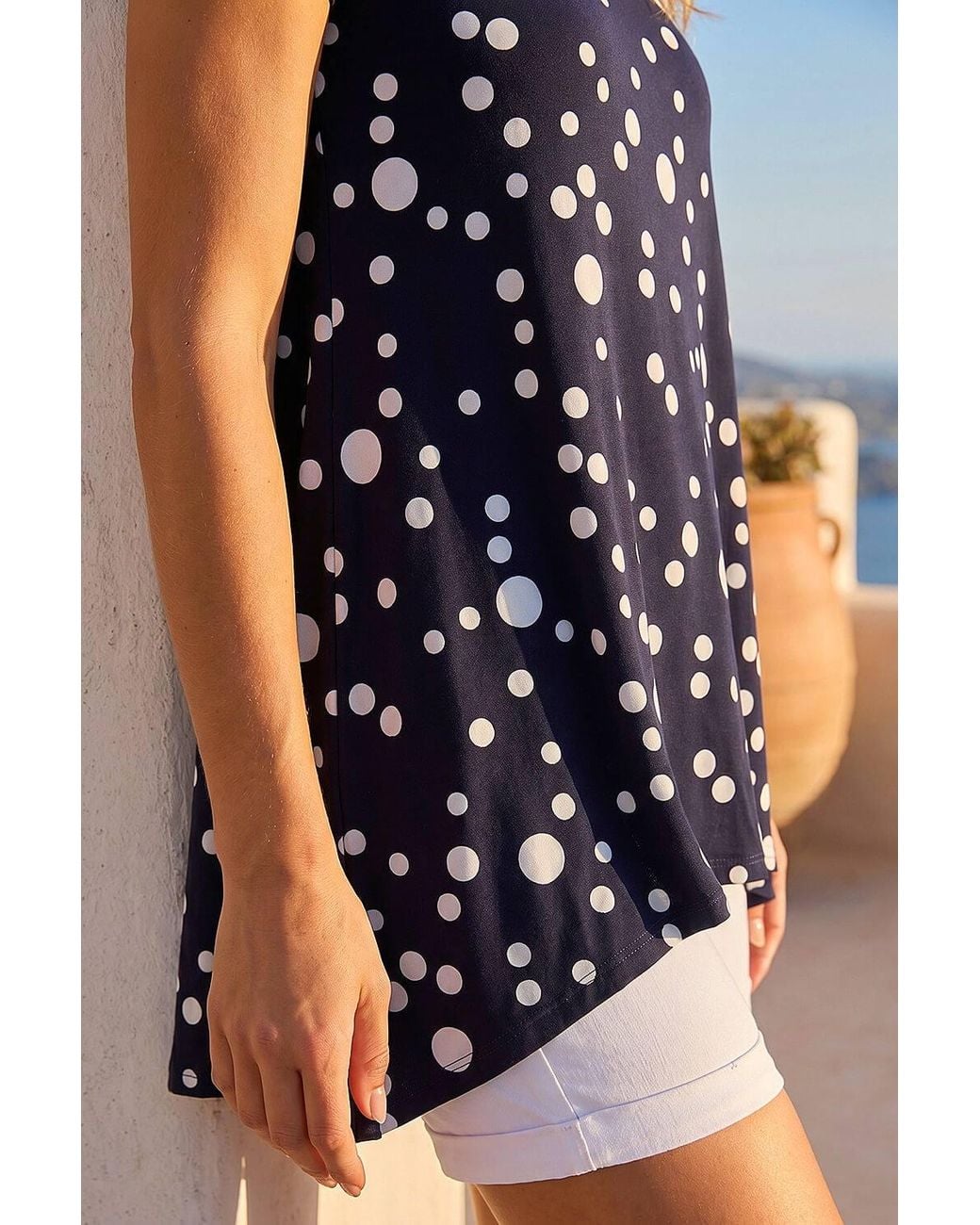 Roman Blue Spot Print Hanky Hem Stretch Top