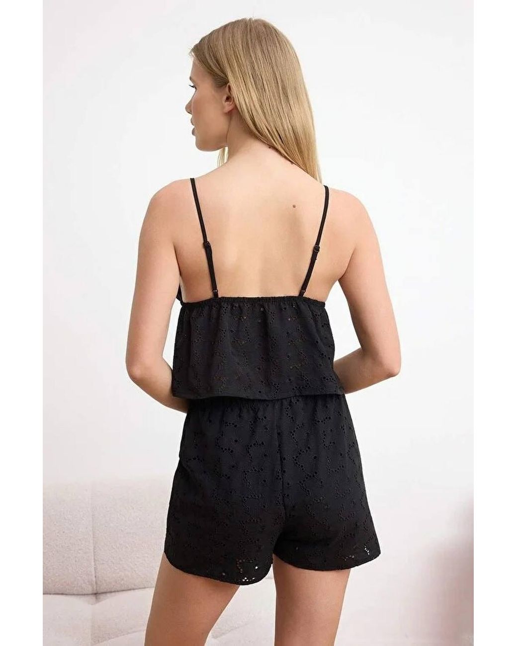 WOVCOR Black Floral Embroidered Lined Cami Top & Shorts Pyjama Set