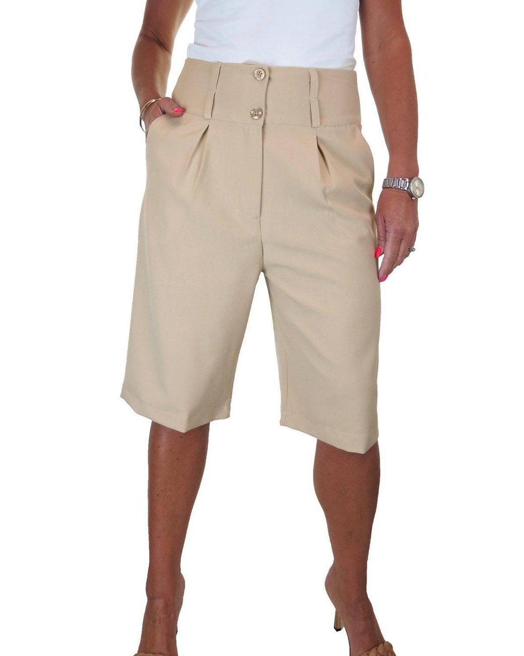 Paulo Due Natural Tailored Wide Leg Knee Shorts