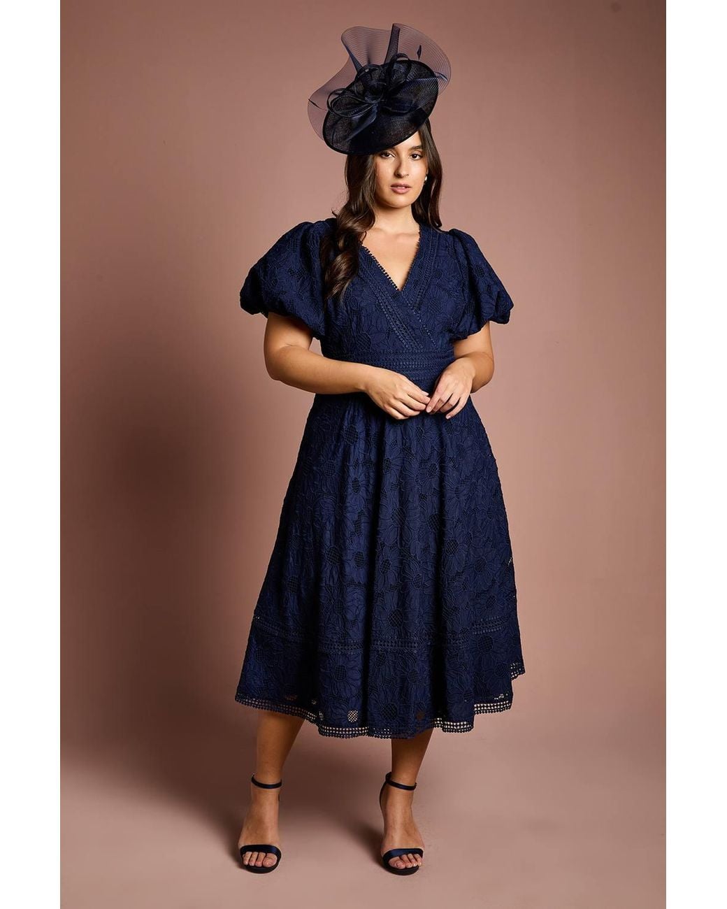 Coast Blue Plus Lace Midi Dress W/ Puff Sleeve