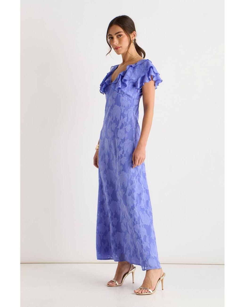 Gini London Blue Satin Jacquard Ruffle Maxi Dress