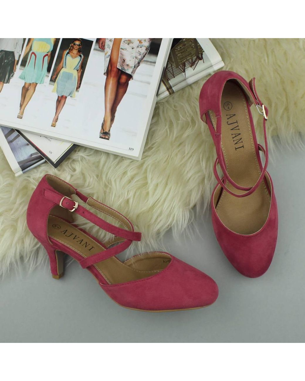 AJVANI Pink Mid Heel Crossed Straps Court Shoes