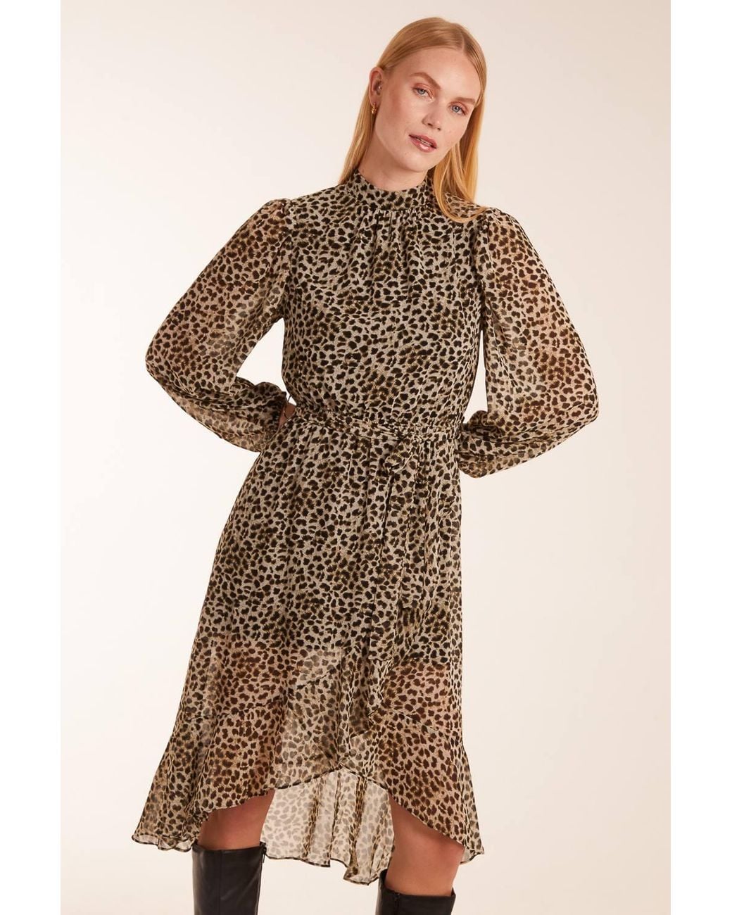 Blue Vanilla Brown High Neck Wrap Midi Dress