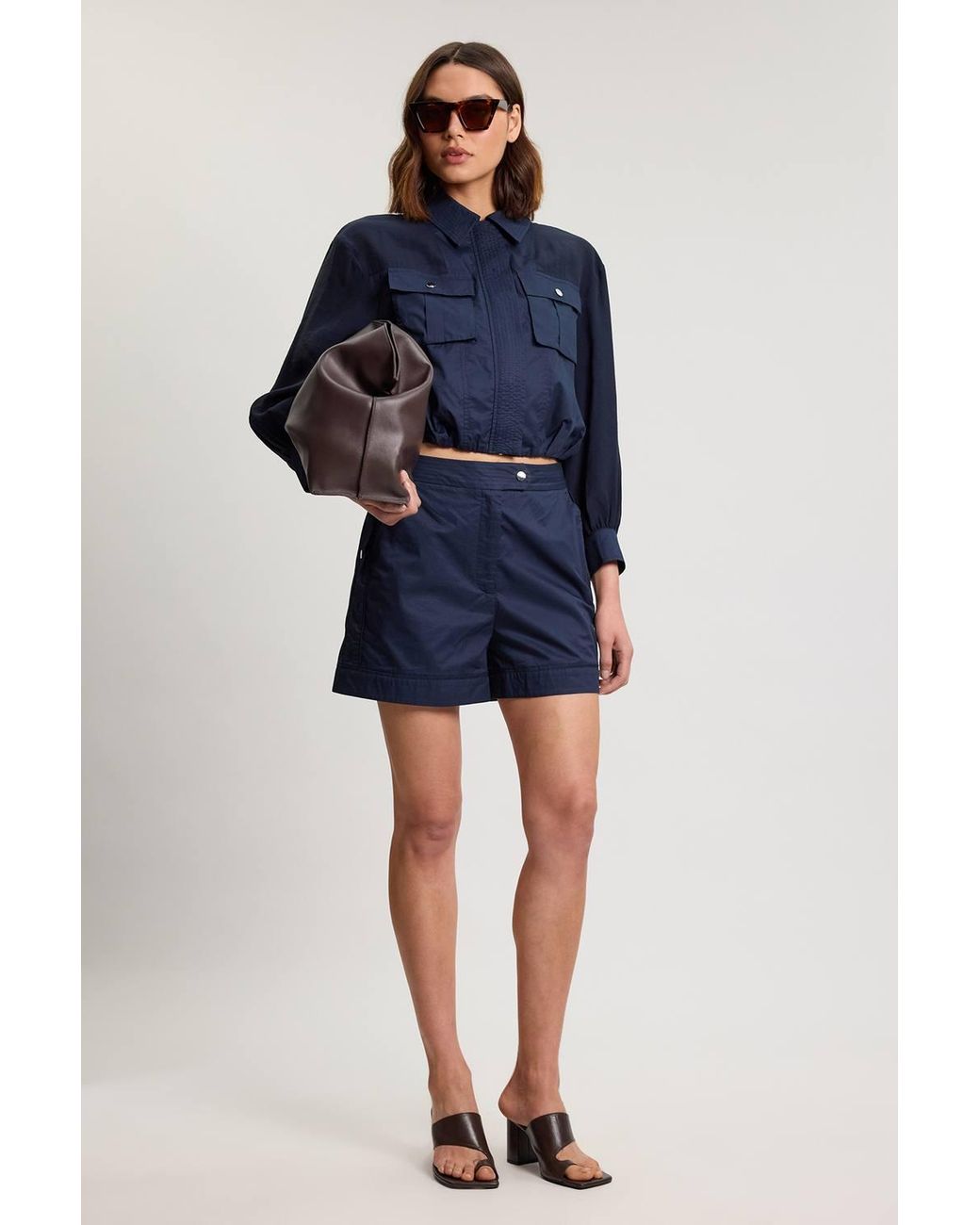 Karen Millen Blue Utility Organdie Cropped Pocket Detail Bomber Jacket