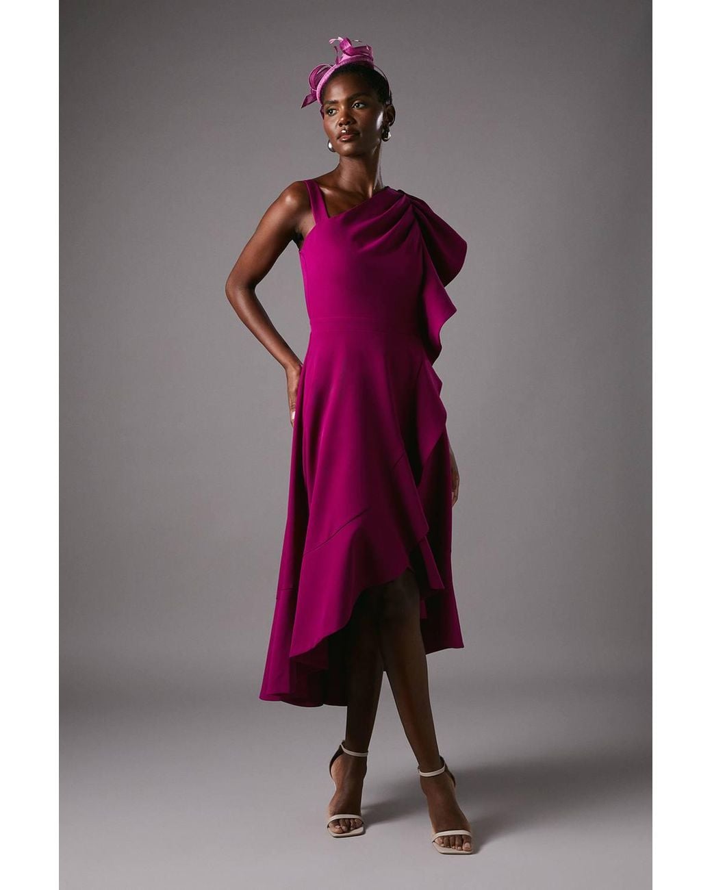 Coast Purple One Shoulder Crepe Ruffle Midi Dress