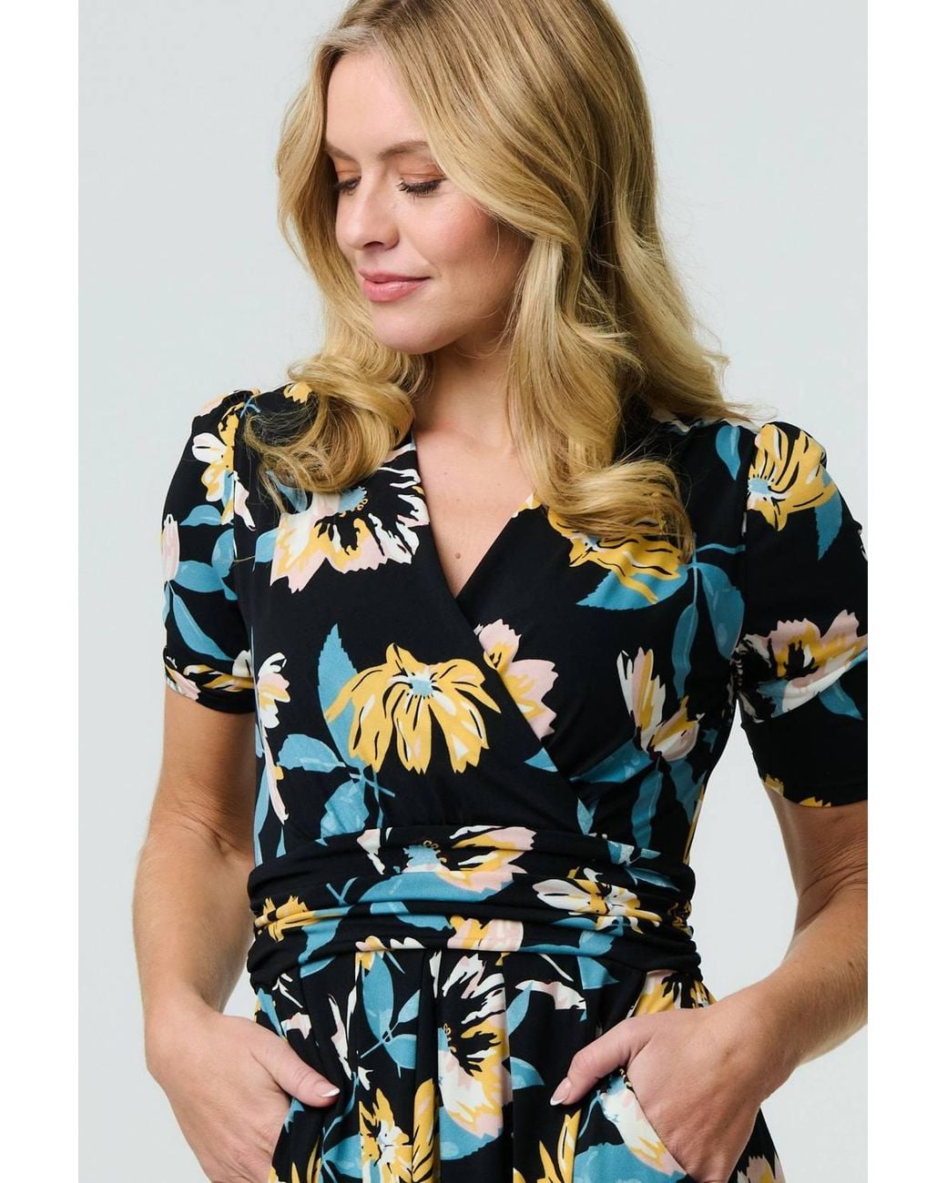 Izabel London Black Floral Short Sleeve Faux Wrap Midi Dress