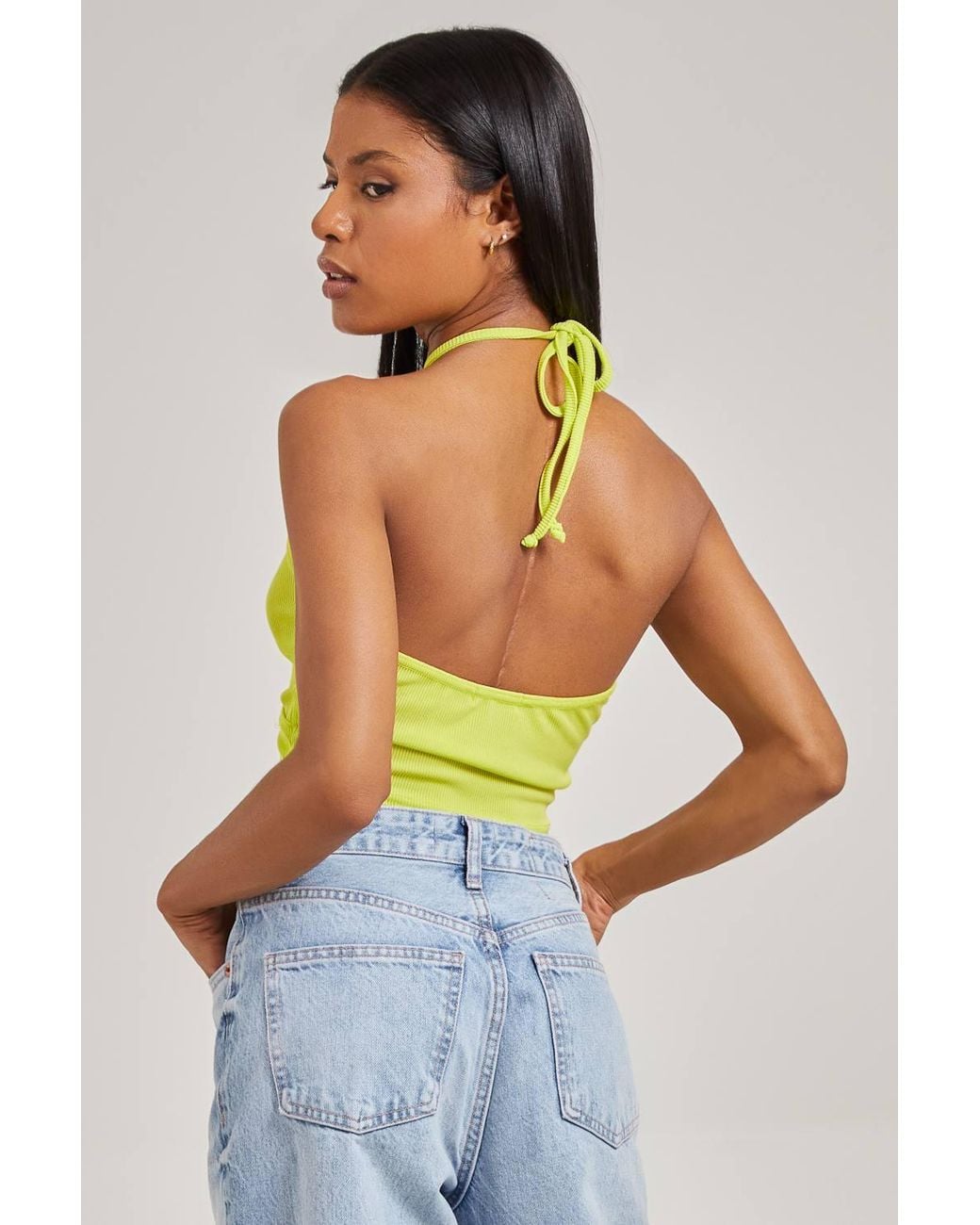 Pink Vanilla Green Ribbed Halterneck Crop Top