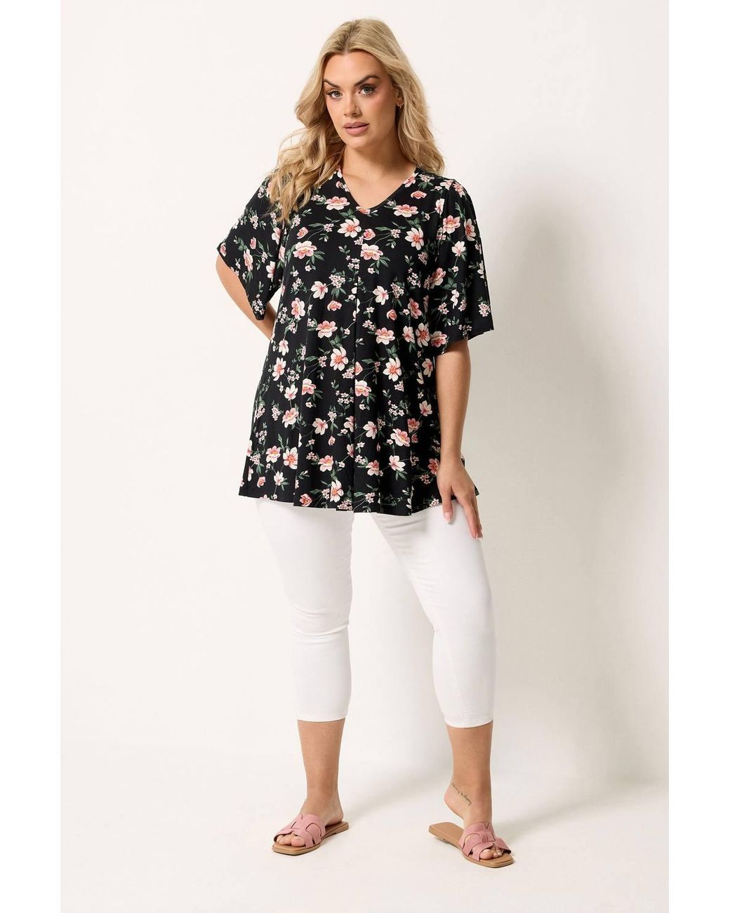 Yours Black Floral Pleat Front Top