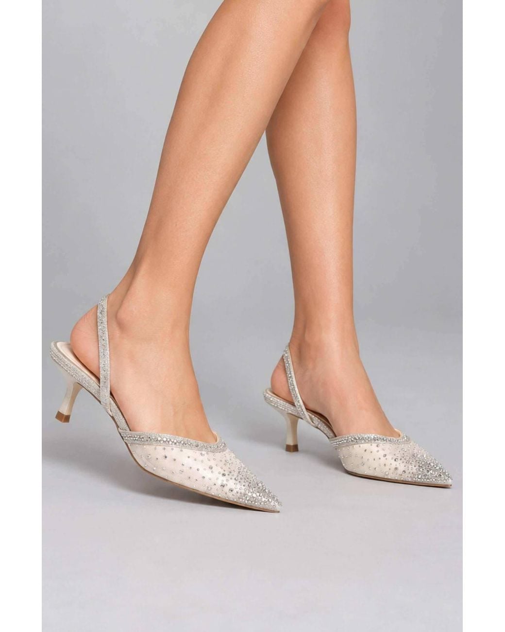 AJVANI Metallic Low Mid Kitten Heel Diamante Mesh Pointed Toe Slingback Mules