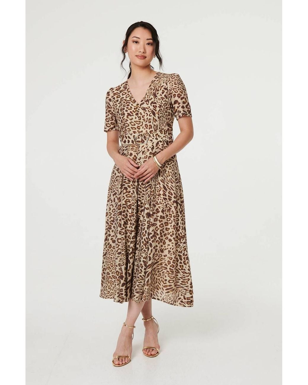 Izabel London Natural Animal Print Belt Detail Midi Dress