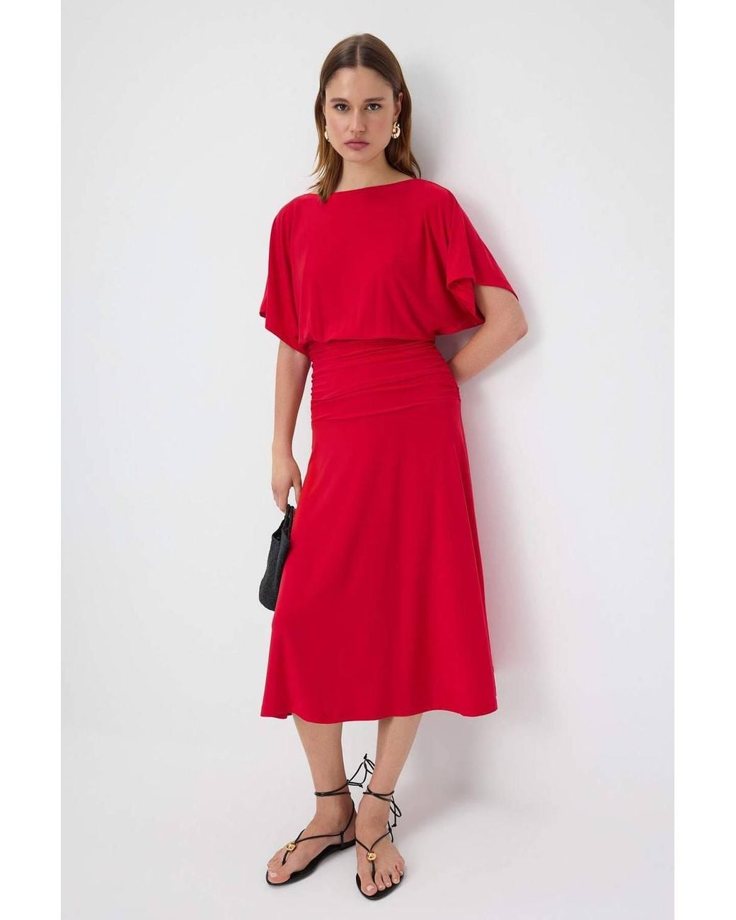 WOVCOR Red Boat Neck Batwing Sleeve Short Sleeve Skater Maxi Dress